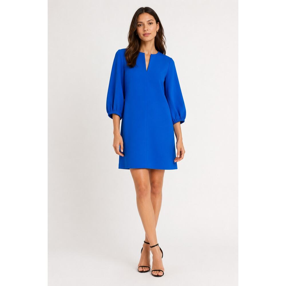 Tibi Blue Crepe Shift Dress Balloon Sleeve Mini V Neck Size 6